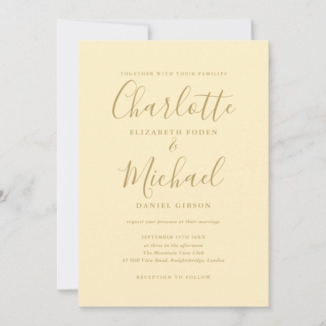 Buttertasse Gelb und Gold Unterschrift Hochzeit Einladung (Vorderseite)