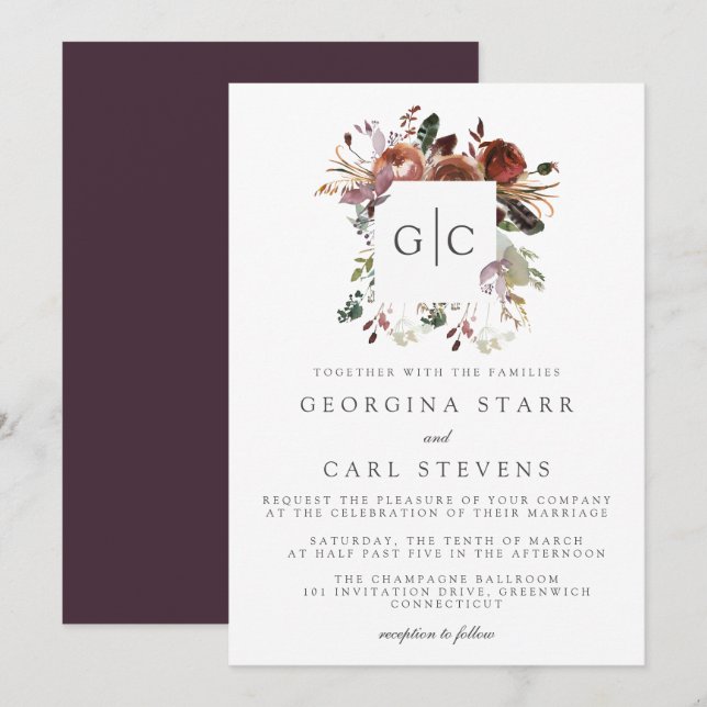 Butterum & Plum Wedding Monogram Einladung (Vorne/Hinten)