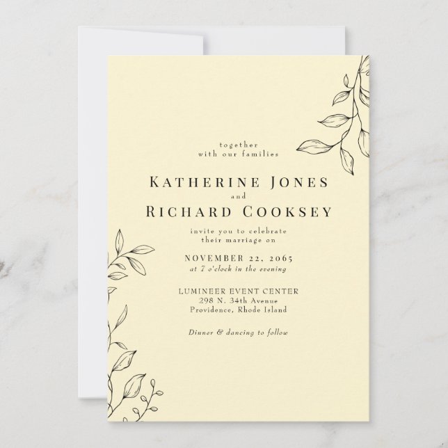 Buttery Yellow Modern Foliage Simple Wedding Einladung (Vorderseite)