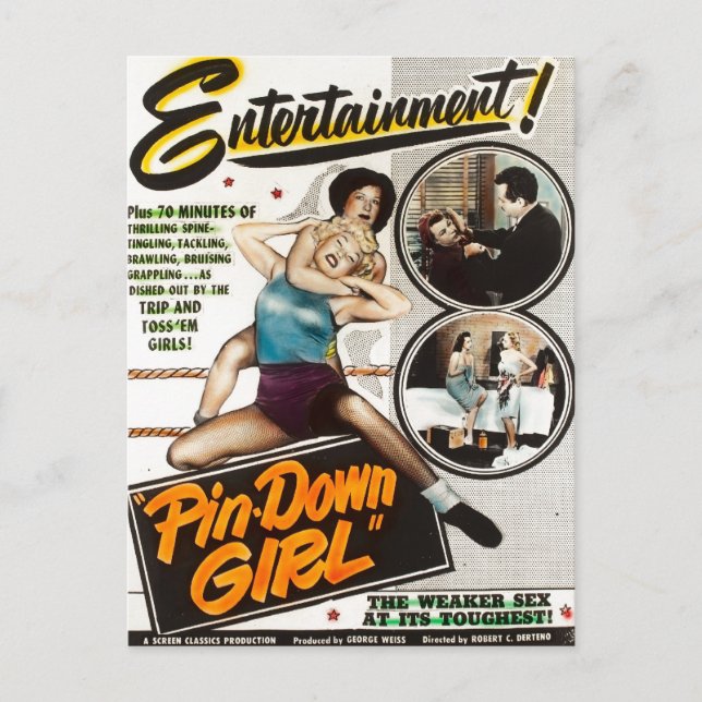 Button Down Girl Vintag Lady Wrestlers Filmplakat Postkarte (Vorderseite)
