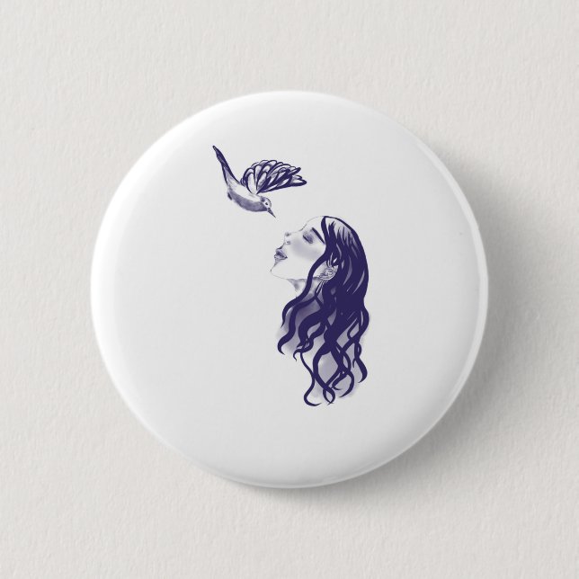 Button Fantasie - Frau und Vogel  (Vorderseite)