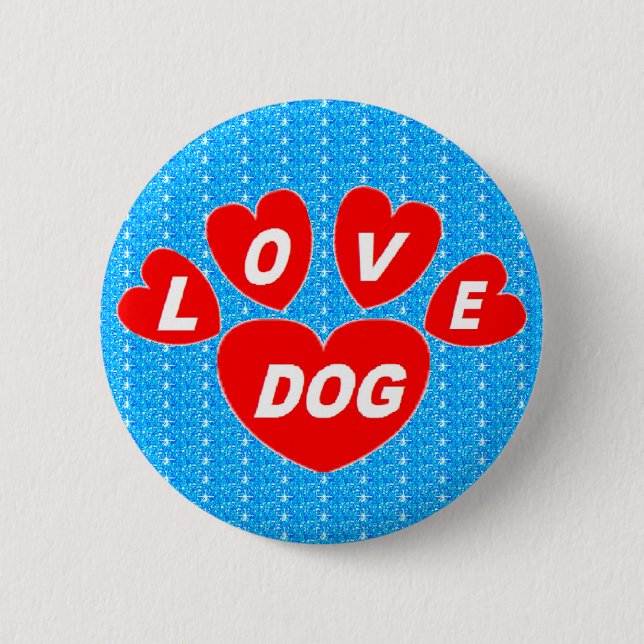 Button Liebe Hund rot auf leuchtend blau (Vorderseite)