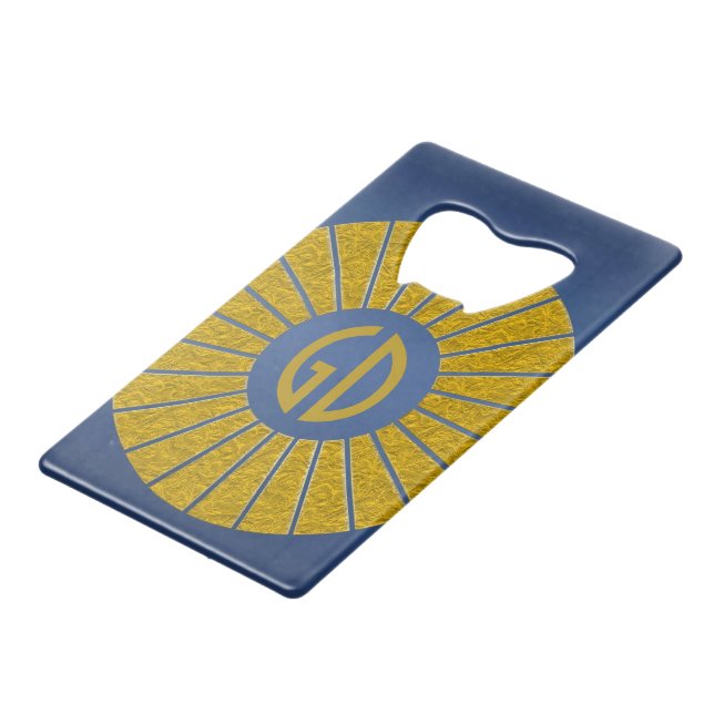 BUTTON ROUND RAYS Gold + Ihr Monogramm Kreditkartenflaschenöffner (Vorderseite Schrägansicht)