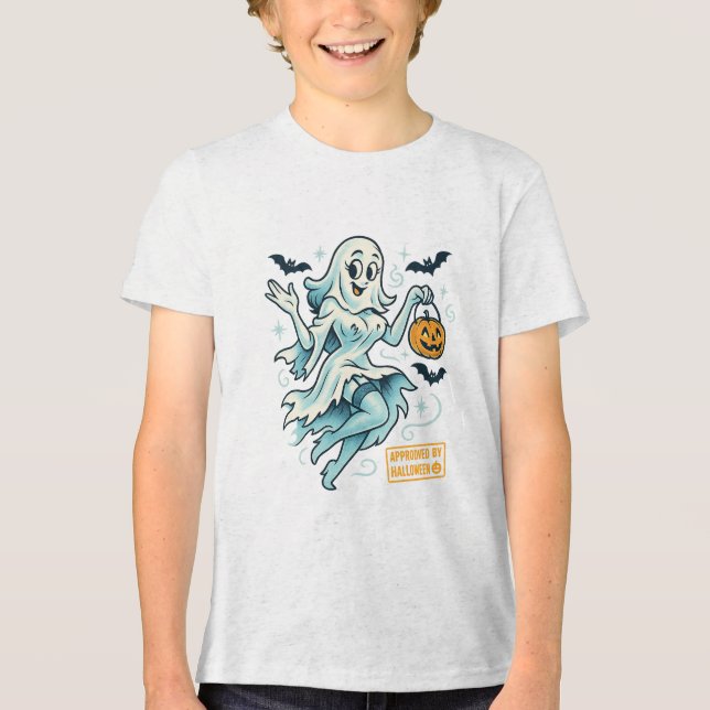 Button-Up Ghost Girl - Spooky Niedlich Halloween Tri-Blend Shirt (Vorderseite)