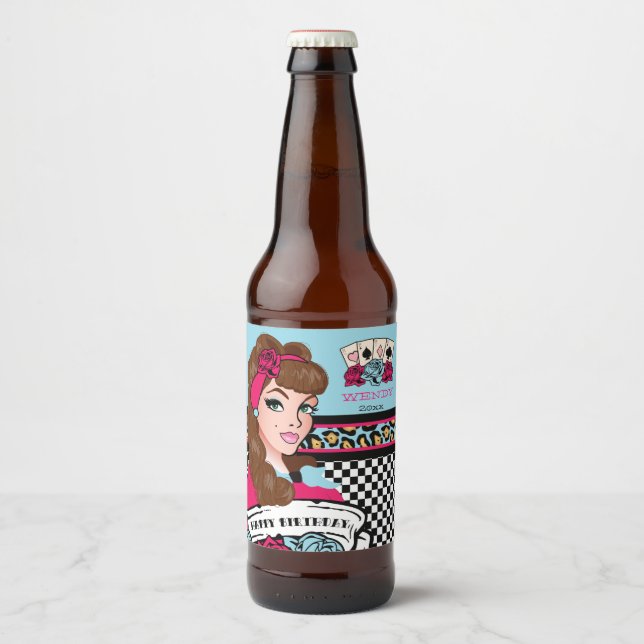 Button-up Girl, Checkered & Leopard Bierflaschenetikett (Vorderseite)