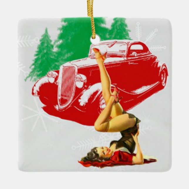 Button Up Girl Classic Car Keramikornament (Vorderseite)