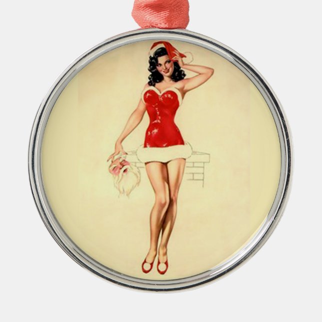 Button Up Girl mit Santa Mask Ornament Aus Metall (Vorne)