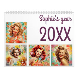 Button-Up Girls-Retro im neuen Jahr Kalender