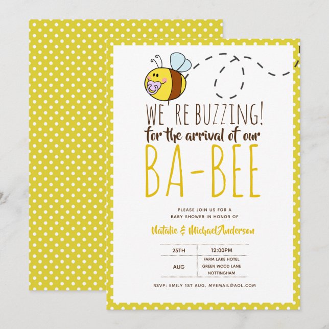 BUZING FÜR DIE ANKUNFT VON BA BEE Baby Shower Gelb Einladung (Vorne/Hinten)