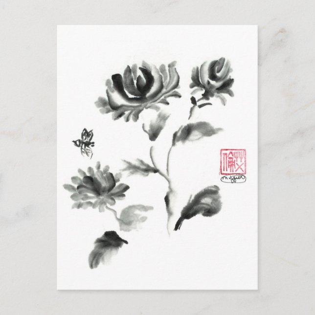 Buzzz, Sumi-e-Rose mit Biene Postkarte (Vorderseite)