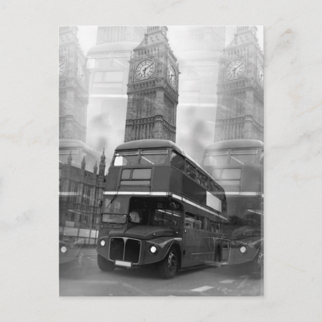 BW Black & White London Bus & Big Ben Postkarte (Vorderseite)
