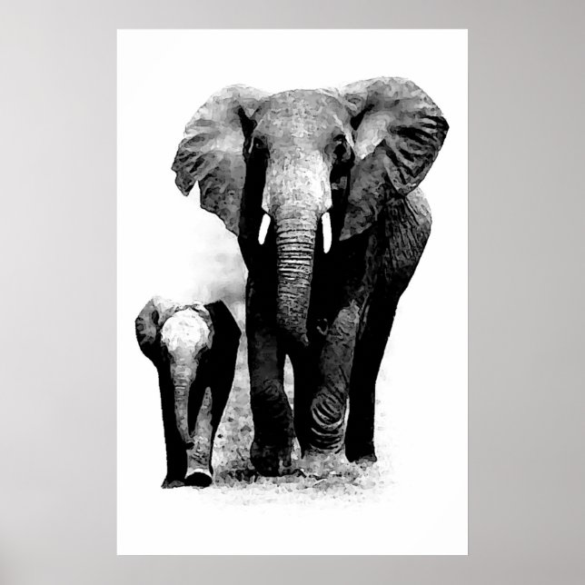 BW Elephant & Baby Elephant Poster (Vorne)