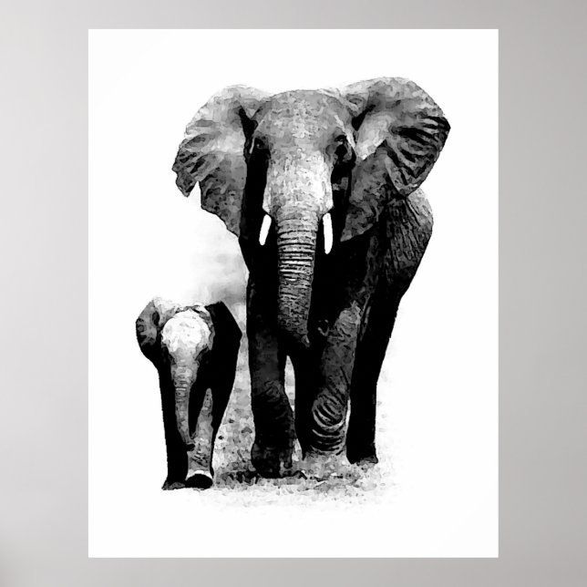 BW Elephant & Baby Elephant Poster (Vorne)