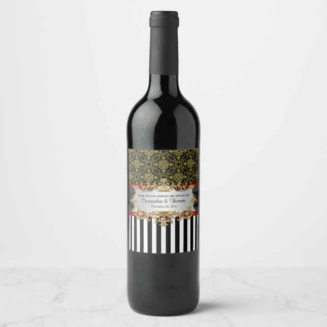 BW V Stripe, Black Gold Damask Vin Étiquette boute (Devant)