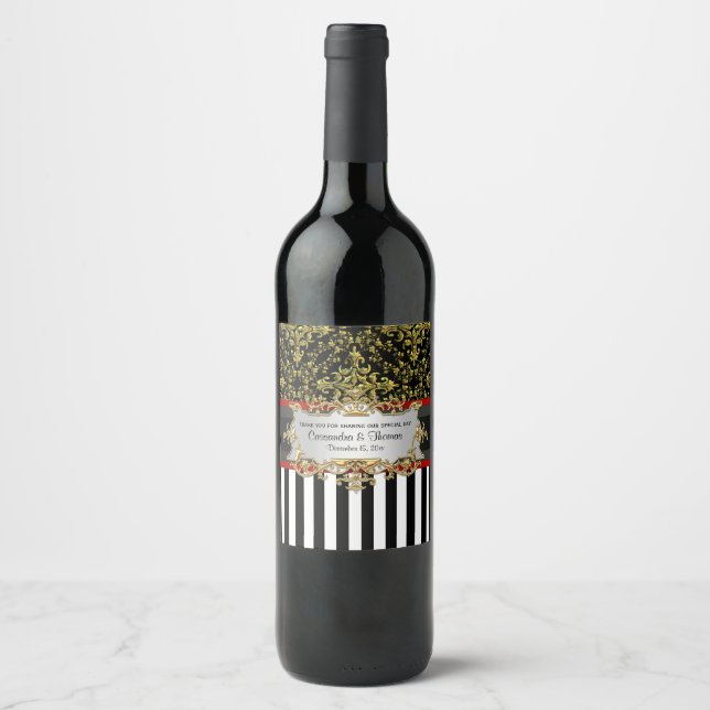 BW V Stripe, Black Gold Damask Vin Étiquette boute (Devant)