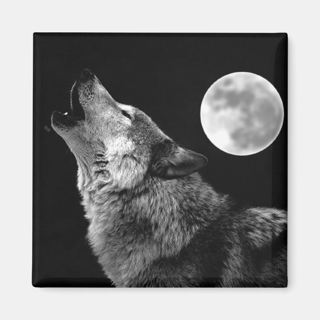 BW Wolf Howling auf dem Mond Magnet (Vorne)