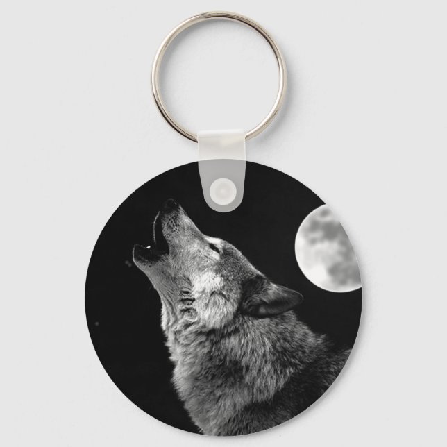 BW Wolf Howling auf dem Mond Schlüsselanhänger (Vorderseite)