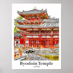 Byodoin-Tempel Japan Reise Wasserfarbe Handgezeich Poster