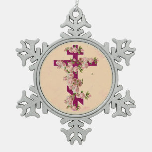 Byzantinisch-orthodoxe Ostkirchen-Kreuz-Rosa Rosen Schneeflocken Zinn-Ornament