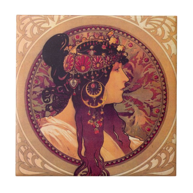 Byzantinische Köpfe: Brünetter Alfons Mucha Fliese (Vorderseite)