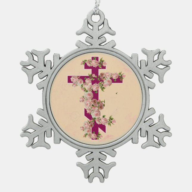 Byzantinische orthodoxe Ostritus-Kreuz-Rosa-Rosen Schneeflocken Zinn-Ornament (Vorderseite)