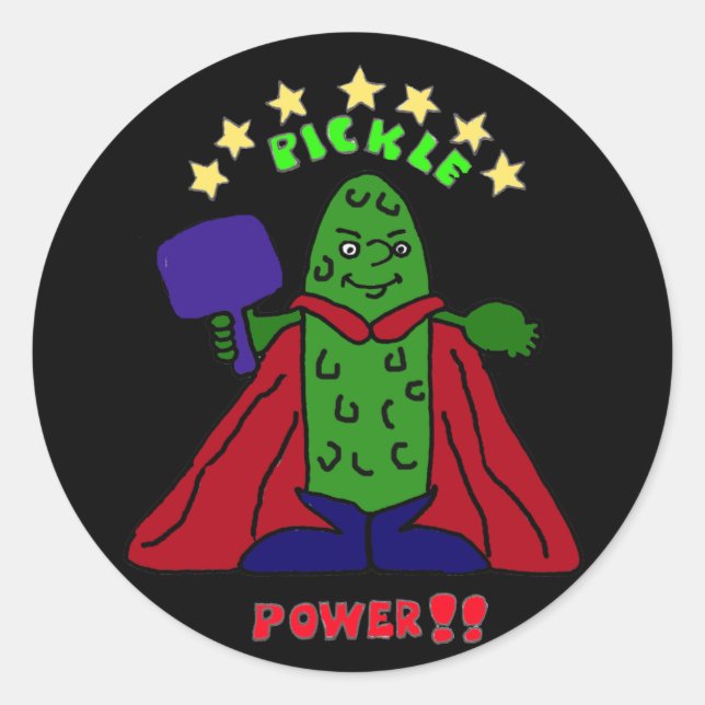 BZ - Pickle Power Superhero Pickleball Cartoon Runder Aufkleber (Vorderseite)
