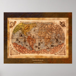 c1490 Antique World Map Art w Bio Grenze Poster