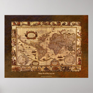 c1499 Antique World Map Art w Bio Grenze Poster
