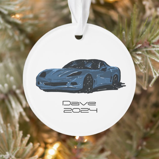 C6 Corvette Sportwagen Blue Hand Zeichnung Sketch Ornament (Baum)