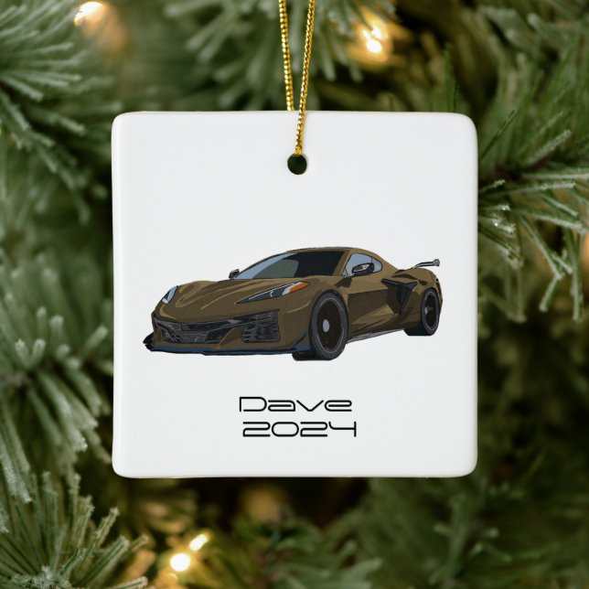 C8 Corvette Sportwagen Bronze Braun Handgezeichnet Keramikornament (Baum)