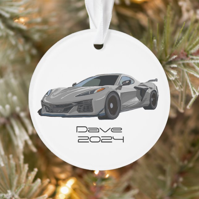 C8 Corvette Sportwagen Grau Silber Handgezeichnet Ornament (Baum)
