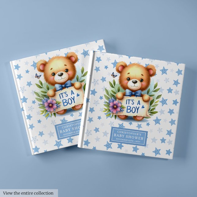 C’est un livre d’hôtes de baby shower avec ours en (It’s a boy baby shower guest book with teddy bear)