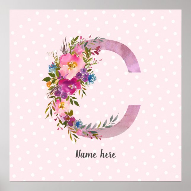 C, Floral Monogramm initial, Aquarellfarben-Blume Poster (Vorne)