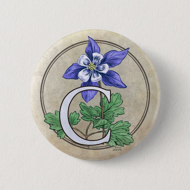 C für Columbine-Blumen-Monogramm-runden Knopf Button (Vorderseite)