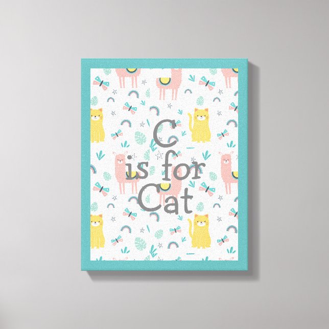 C is for Cat Green Trim Boho Niedlich Alapaca Kind Leinwanddruck (Vorderseite)