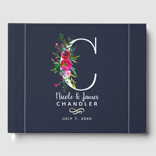 C Letter Initial Monogram Floral Name Wedding Gästebuch (Vorderseite)