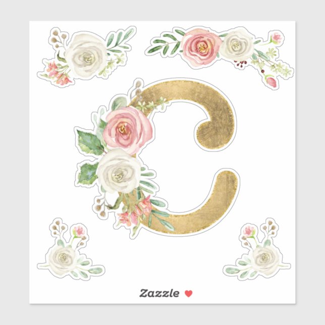 C Monogram Imitate Gold Blush Rose Blumenfarbe Aufkleber (Blatt)