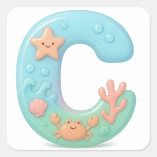 "C" Süßer Blasenbuchstabe - Unterwasser-Meereskrea Quadratischer Aufkleber