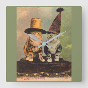 ca. 1900 Katzen in Hüten RPPC Quadratische Wanduhr
