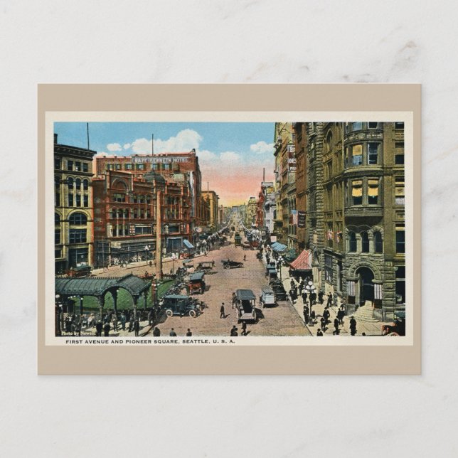 ca. 1900 Seattle First Avenue und Pioneer Square P Postkarte (Vorderseite)