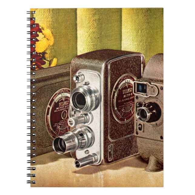 ca. 1950 Zuhause-Filmkameras und Notizblock (Vorderseite)