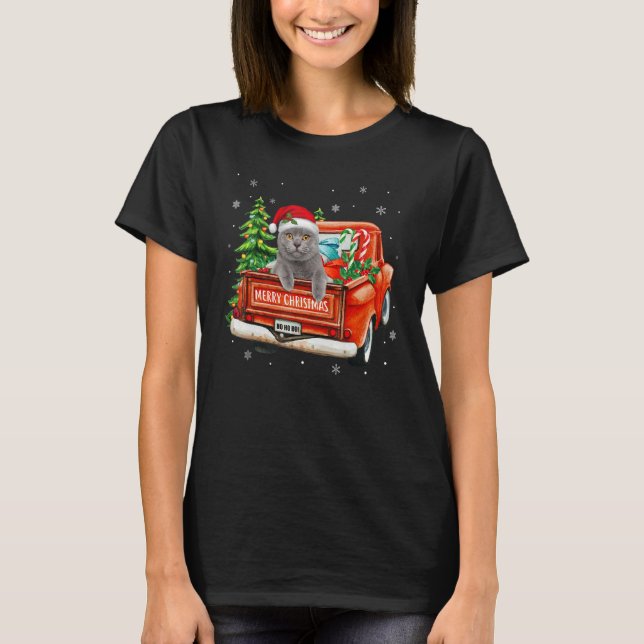 Ca Gray Cat Ride Red Truck Christmas Cat  Pajama T-Shirt (Vorderseite)