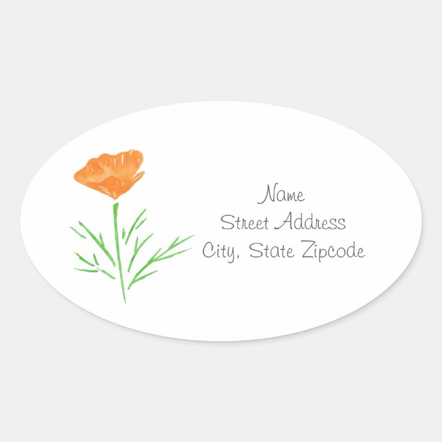CA Watercolor Poppy Labels Ovaler Aufkleber (Vorderseite)
