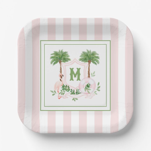 Cabana Stripes Palm Beach Monogram Crest Enclosure Pappteller (Vorderseite)