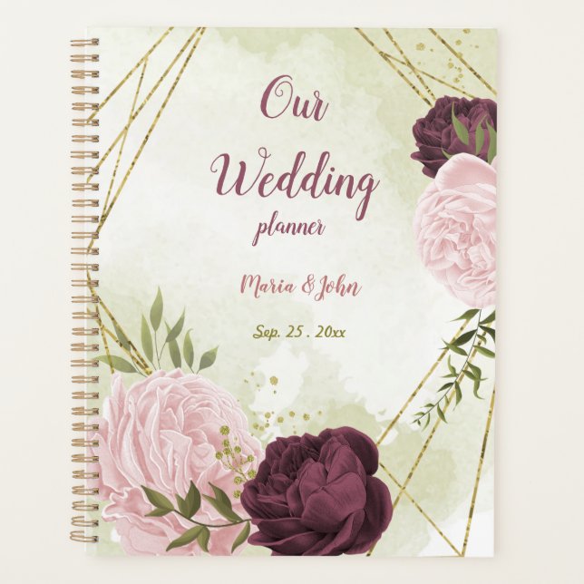 Cabernet & rosa Blume Grüne Hochzeit Planer (Vorderseite)