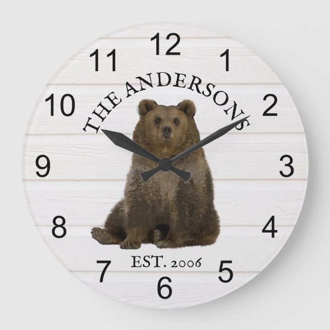 Cabin Bears Forest wood Personalized Mountain   Große Wanduhr (Vorderseite)