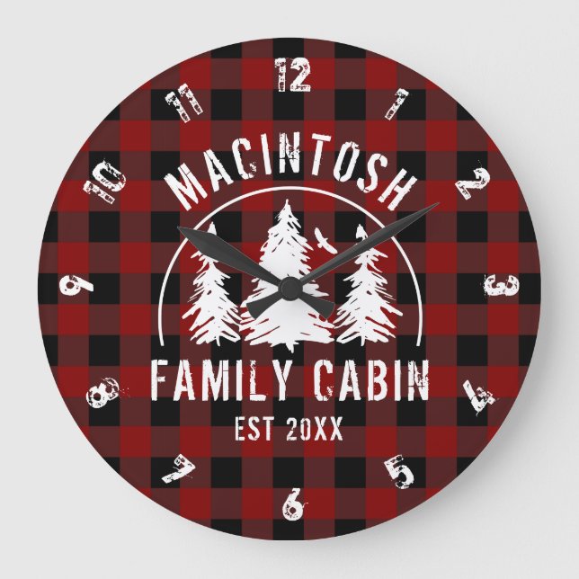 Cabin Familienname Red Buffalo Kariert Große Wanduhr (Vorderseite)