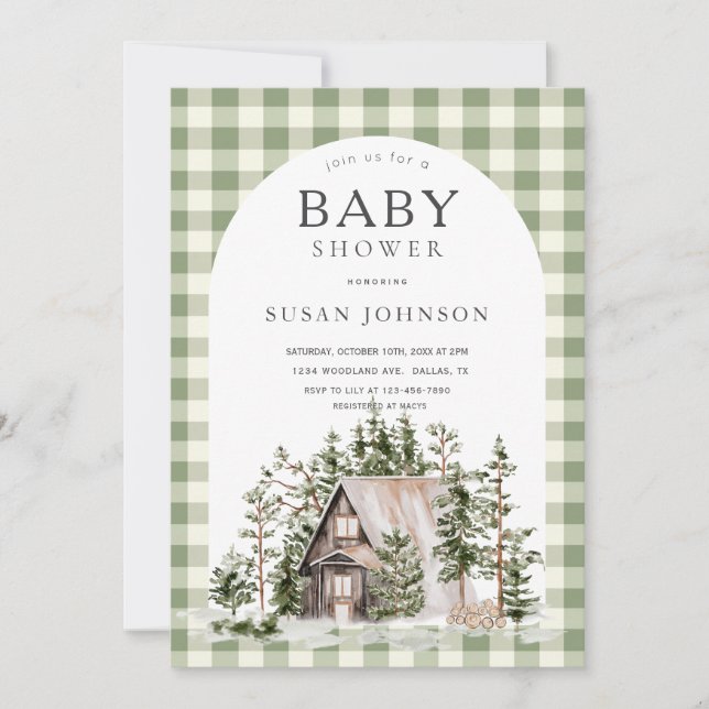 Cabin Forest Woodland Green Karo Kinderdusche Einladung (Vorderseite)