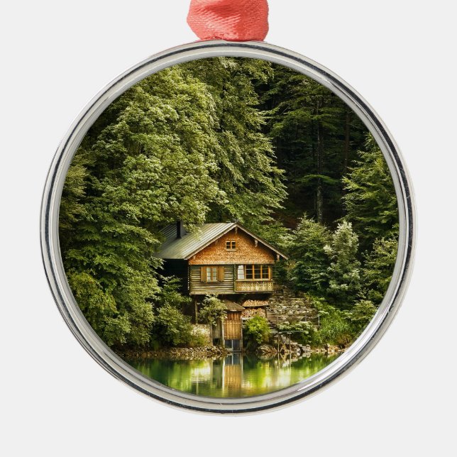 Cabin Lake House Silbernes Ornament (Vorne)