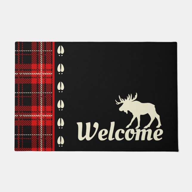 Cabin Red Kariert Moose Willkommen Fußmatte (Vorderseite)